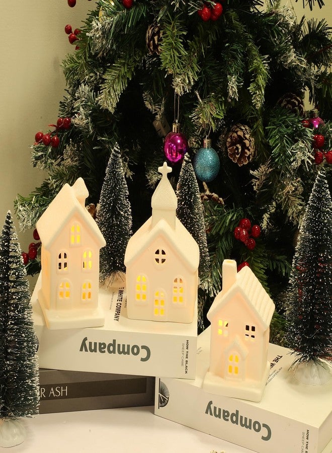 Peninpha 7PCS Christmas Village Sets - 3 LED Lighted Ceramic White Houses with 4 Decorative Christmas Trees Remote Control Led Candles for Xmas Home Tabletop Mantel Shelf Decor - Image 5